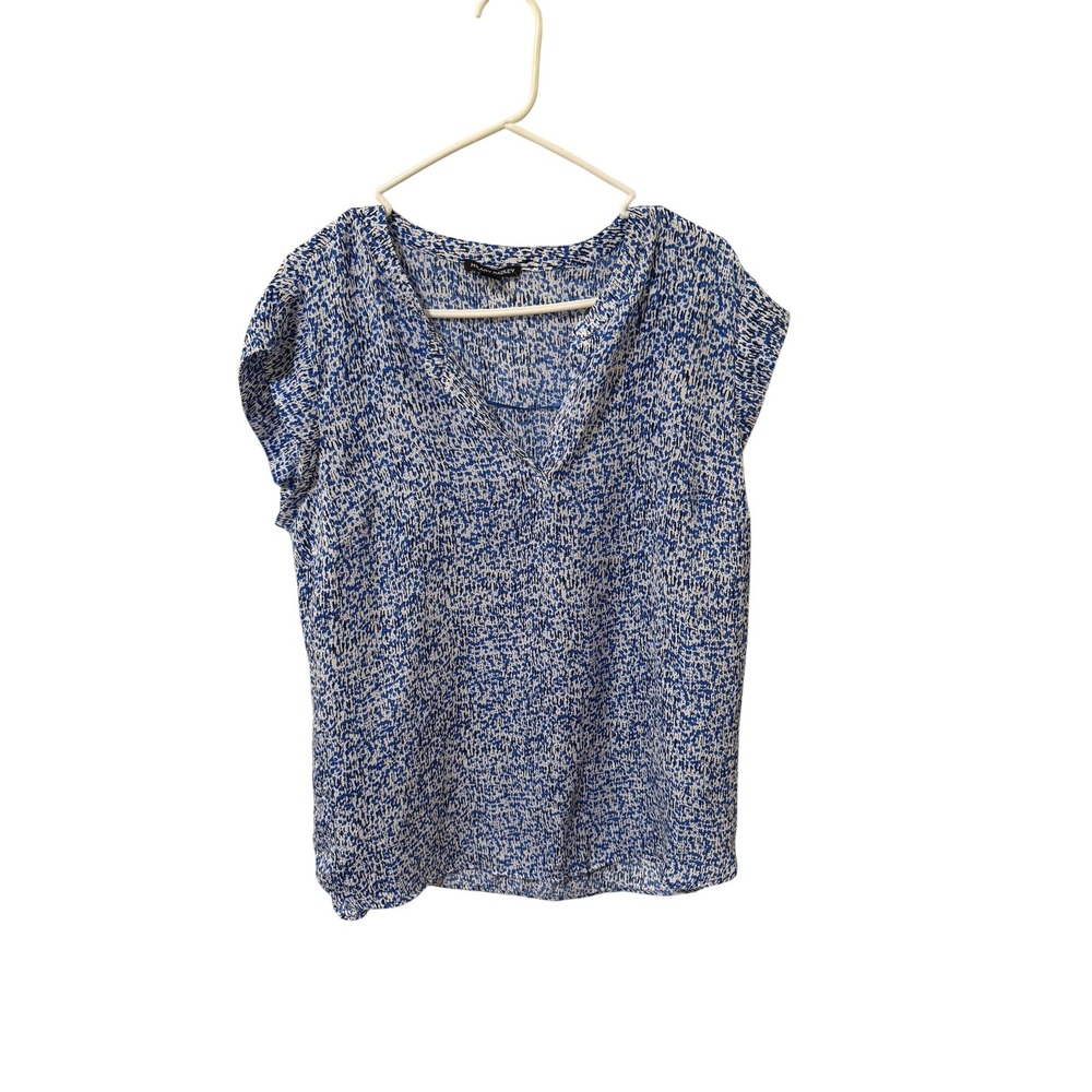 Hilary Radley Size Large Blue Abstract Print V-Neck Cap Sleeve Blouse Top